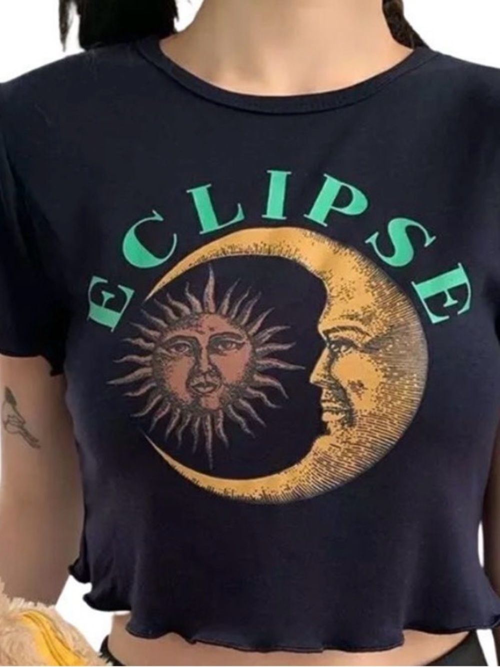 Black Celestial Eclipse Graphic Baby Tee Lettuce Edge Short Sleeve Crop Top NWT